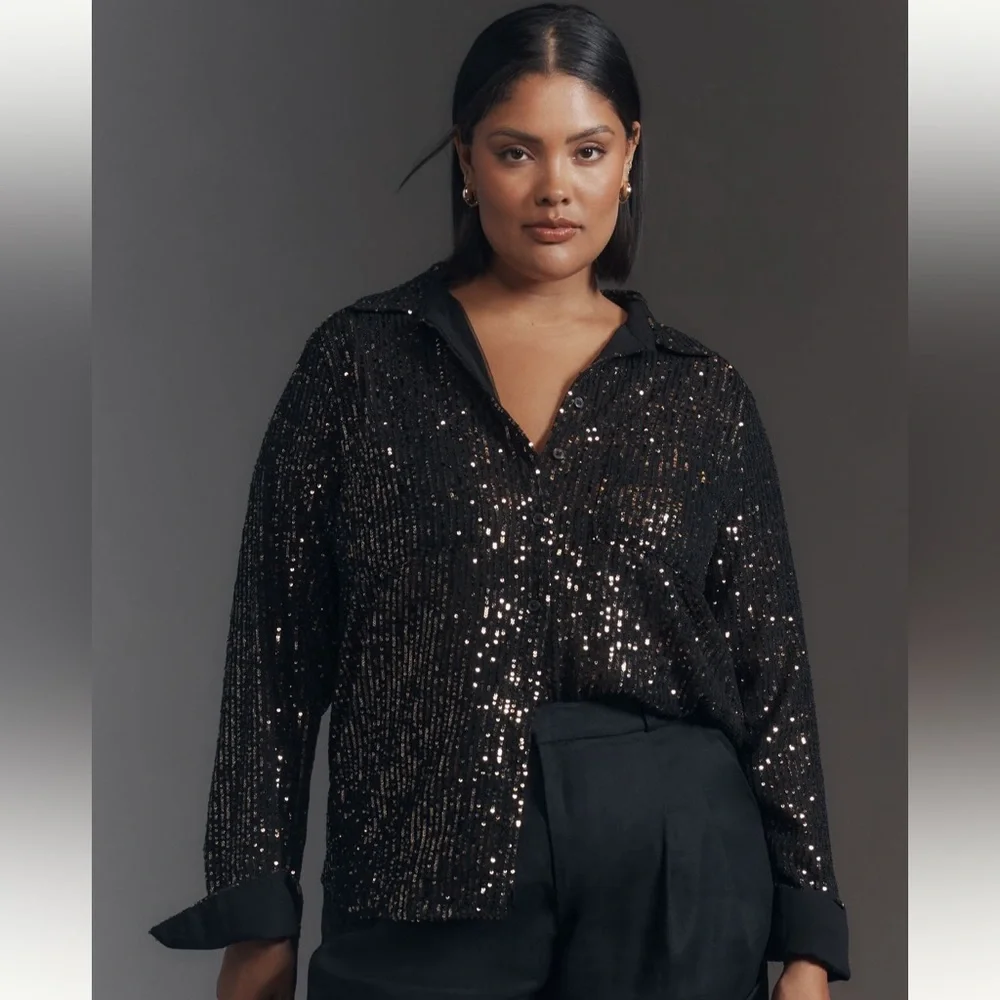 NWT Remie Black Sequin button down - Picture 4 of 9